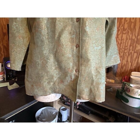 Sigrid Olsen Linen Silk Blend Button Down Light Jacket Collared Teal Print - Picture 2 of 11